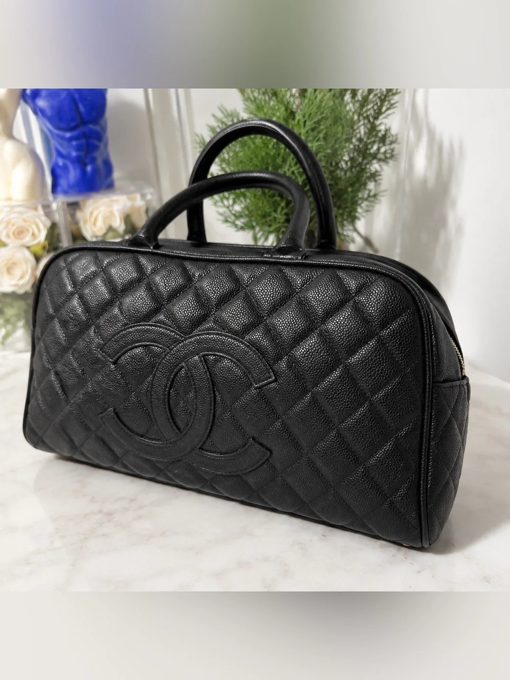 CHANEL Black Quilted caviar Leather Satchel with Top Handles bowling bag